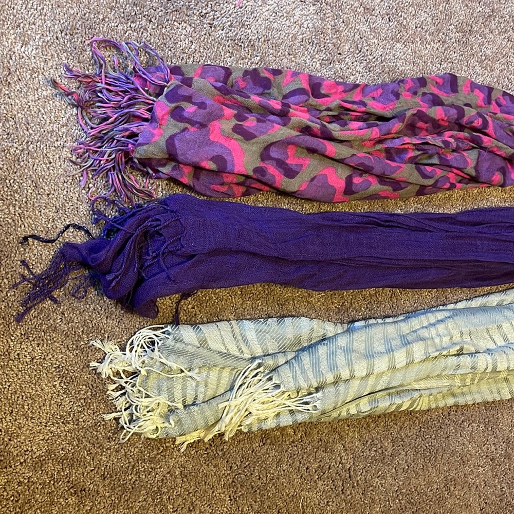 3 scarfs pink/purple leopard print - silver lined- solid purple